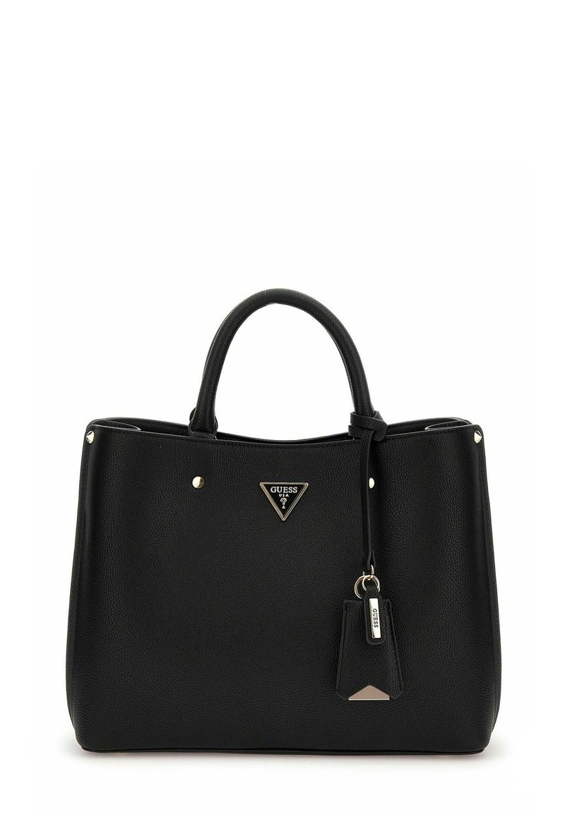 Schwarze Leder-Shopper-Tasche mit strukturierter Oberfläche, ausgestattet mit einem dreieckigen Logo, goldfarbenen Beschlägen und einem abnehmbaren Schlüsselanhänger.