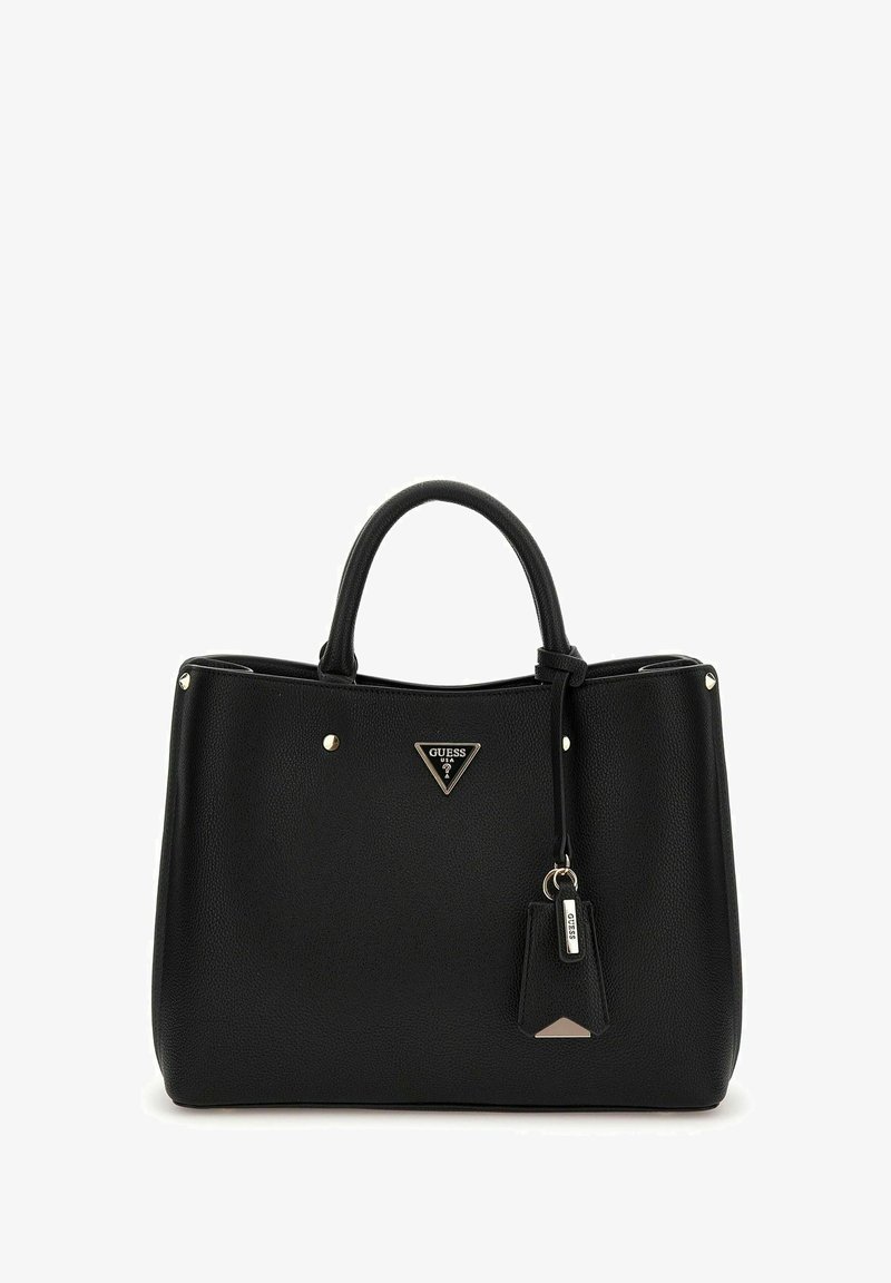 Schwarze Leder-Shopper-Tasche mit strukturierter Oberfläche, ausgestattet mit einem dreieckigen Logo, goldfarbenen Beschlägen und einem abnehmbaren Schlüsselanhänger.