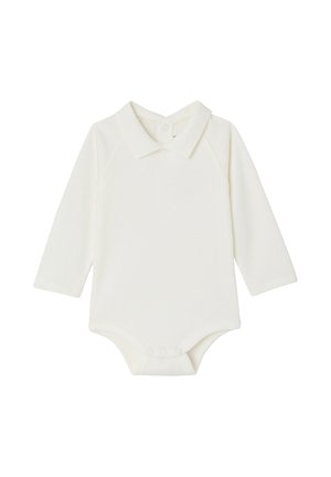Langärmliger weißer Baby-Body mit Kragen und Druckknöpfen am unteren Saum für einfaches Windelwechseln.