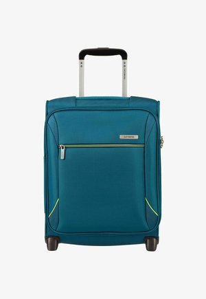 Valise souple bleu sarcelle avec poche zippée avant, poignée rétractable, deux roues et logo Samsonite sur fond blanc.