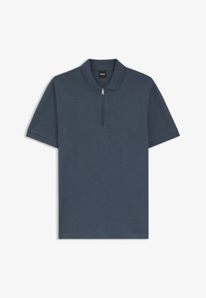 Dunkelblaues Poloshirt mit halbem Reißverschluss, kurzen Ärmeln und strukturiertem Stoff. Verfügt über einen umgelegten Kragen und das Markenlogo auf dem Etikett innen.