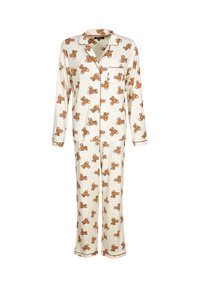 Long-sleeve pajama set made of soft fabric, featuring a cream background with repeating teddy bear patterns, and brown piping details.