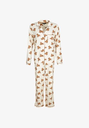 Conjunto de pijama de manga larga hecho de un tejido suave, con un fondo crema y patrones de ositos de peluche repetidos, y detalles de ribete marrón.