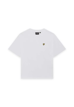 T-shirt blanc à manches courtes avec un petit logo oiseau jaune et noir sur la poitrine gauche et une étiquette de marque noire à l'intérieur du col.