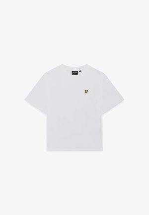 T-shirt bianca a maniche corte con un piccolo logo di uccello giallo e nero sul petto sinistro e un'etichetta di marca nera all'interno del colletto.