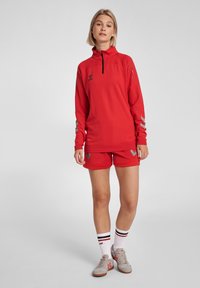 Rød atletisk pullover med lynlås krave, lange ærmer og subtil prikmønster. Sammen med røde shorts, hvide sokker med sorte striber og grå sko.
