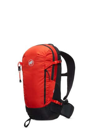 Red and black backpack with a textured surface, featuring side straps, a logo, and adjustable padded shoulder straps for comfort.