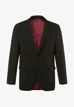Blazer noir avec une fermeture à un seul bouton, des revers notés et une doublure intérieure bordeaux. Il dispose de deux poches avant et d'une poche poitrine.