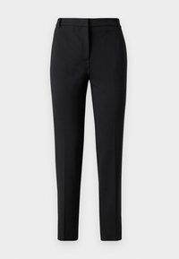 Pantalons noirs à coupe ajustée, en tissu lisse, avec une coupe droite et une fermeture à glissière frontale dissimulée.