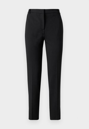 Pantaloni neri con vestibilità sartoriale, caratterizzati da un tessuto liscio, design a gamba dritta e chiusura frontale con zip nascosta.