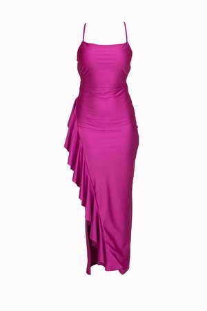 Fuksia kleit siledast kangast, õhukeste rihmadega, keha lähedase siluetiga ja voolava ripsdetailiga vasakul küljel.