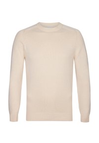 Maglione color crema realizzato in morbido materiale a maglia, con scollo rotondo, maniche lunghe e polsini e orlo a coste. Design semplice.