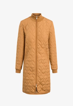 Gestepptes senfgelbes Jacket mit hohem Kragen, durchgehendem Reißverschluss, gerippten Bündchen und seitlichen Taschen, das ein durchgehendes Rautenmuster aufweist.