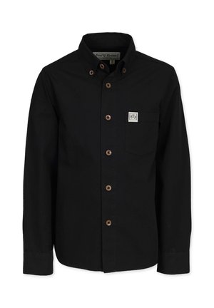 Schwarzes Langarm-Hemd mit Knöpfen aus Baumwolle. Verfügt über eine Brusttasche und braune Knöpfe, mit einem kleinen Logopatch auf der Tasche.
