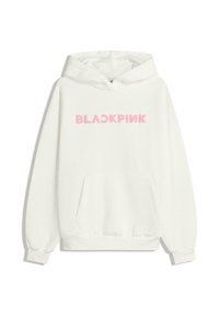 Sweat-shirt à capuche blanche avec une poche avant, des poignets côtelés et le mot "BLACKPINK" en lettres roses douces et grasses.