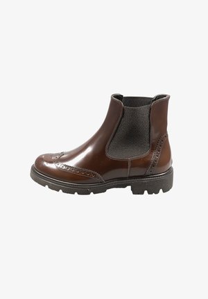 Stivale alla caviglia in pelle marrone con pannelli laterali elastici, dettagli brogue e una suola in gomma testurizzata per una presa migliore.