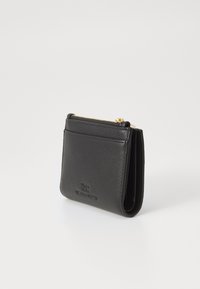 Black leather wallet with textured surface, featuring a gold zipper, front card slots, and embossed logo on the bottom edge.