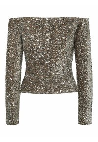 Bronzas sekmēto blūze ar garām piedurknēm un plecus atsedzošu izgriezumu, ar pieguļošu dizainu un teksturētu virsmu.