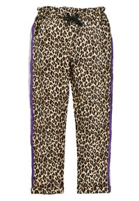 Leopard print pants with an elastic waistband, black drawstring, and purple side stripes. Material appears soft with a casual fit.