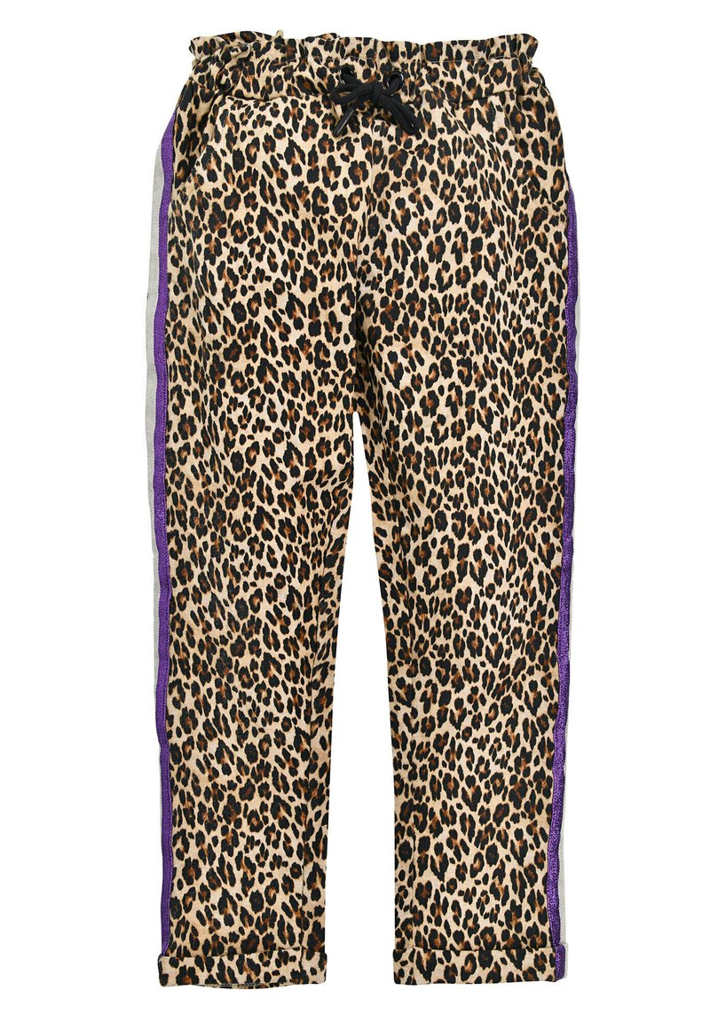 Leopard print pants with an elastic waistband, black drawstring, and purple side stripes. Material appears soft with a casual fit.