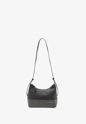 Borsa a tracolla in pelle nera con tracolla, texture liscia, chiusura con zip e motivo decorativo in rilievo nella parte inferiore. Accenti dorati visibili.