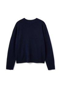 Granatowy sweter z długim rękawem, z okrągłym dekoltem, o gładkiej strukturze dzianiny, pokazany z tyłu na białym tle.