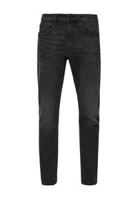 Dark gray, slim-fit jeans made from denim. Features five pockets, a buttoned waistband, and subtle fading on the thighs.