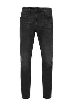 Donkergrijze, slim-fit jeans van denim. Beschikt over vijf zakken, een knoopsluiting in de taille en subtiele vervaging op de dijen.
