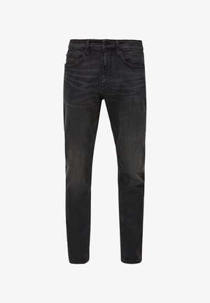 Dunkelgraue, schmale Jeans aus Denim. Sie verfügen über fünf Taschen, einen Knopfverschluss und dezente Verfärbungen auf den Oberschenkeln.