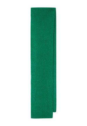 Sciarpa verde a coste, lunga e rettangolare, con una superficie texture e un motivo coerente su tutta la lunghezza.
