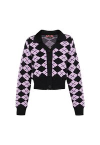 Svart och lavendel rutig kofta med svart krage, knappframsida, ribbade ärmslut och kort modell.