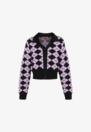 Sort og lavendel argyle-mønsteret cardigan med sort krave, knaplukning, ribbede manchetter og cropped pasform.