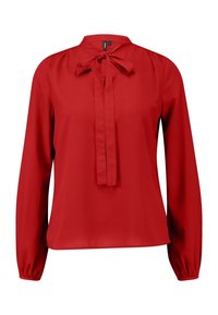 Blusa roja de manga larga, con un escote de lazo anudado y una textura suave. Cuenta con puños ajustados y un corte relajado.