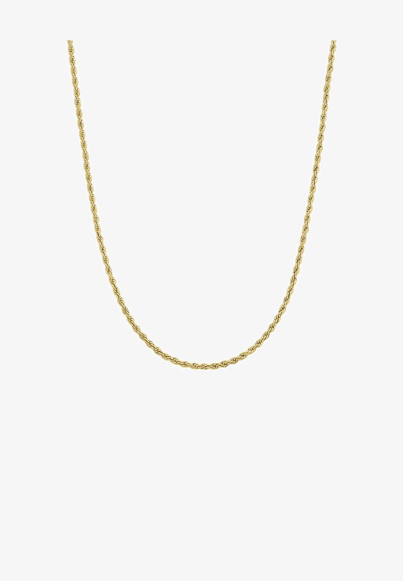 Kuldne keerd-kaelakee, peened lingid, sile tekstuur, ühtlane paksus, minimaalne detaili, sobilik kihiti kandmiseks või iseseisvaks kandmiseks.