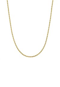 Zlata prepletena ogrlica iz verige, fini zavoji, gladka tekstura, enakomerna debelina, minimalne podrobnosti, primerna za plastenje ali nošenje samostojno.