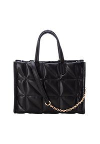 Bolso tote de imitación cuero negro con patrón acolchado, doble asa superior y una correa de cadena dorada desmontable. Textura suave con diseño geométrico.
