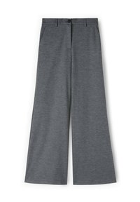 Pantaloni grigi a gamba larga realizzati in tessuto testurizzato. Presentano una chiusura con bottone frontale e due tasche laterali. Design semplice e casual.