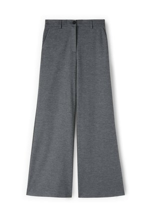 Grijze, wijdebroek gemaakt van textiel met structuur. Voorzien van een knoopsluiting aan de voorkant en twee zijzakken. Soepel, casual ontwerp.