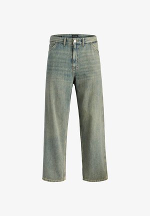 Jasnoniebieskie, szerokie dżinsy z denimu z przednimi kieszeniami, szlufkami na pasek i zapięciem na guzik, z metką Jack & Jones na pasie.