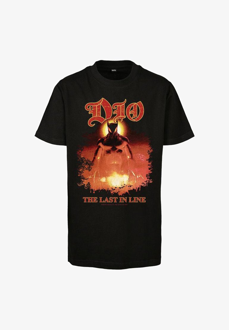 Černé bavlněné tričko se grafikou svalnaté postavy na oranžovém pozadí, s textem "DIO THE LAST IN LINE."