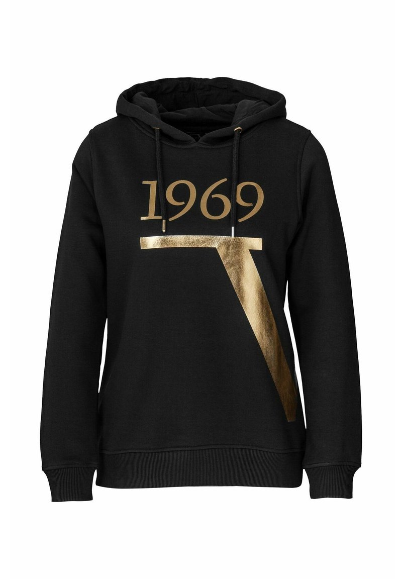 Svart hoodie med guld logotyp "1969" och en geometrisk design. Dragsko i huva, ribbade muddar och nederkant, mjuk textur, avslappnad passform.