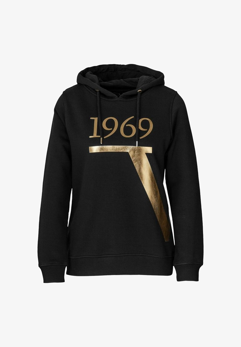 Black hoodie featuring gold logo "1969" and a geometric design. Drawstring hood, ribbed cuffs and hem, soft texture, relaxed fit.