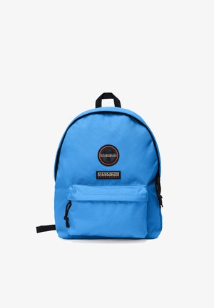 Blue Napapijri backpack with front zip pocket, black handle, and two logo patches on a white background.