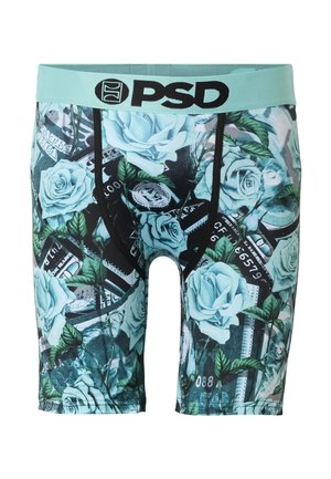 Boxer de hombre con cinturilla en verde azulado con la etiqueta PSD, con diseño de flores y billetes en negro y verde azulado.