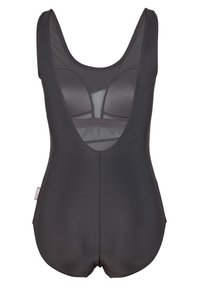 Maillot de bain une pièce noir avec un design dos en V profond, des bonnets moulés et des accents en mesh, le tout avec une texture lisse.