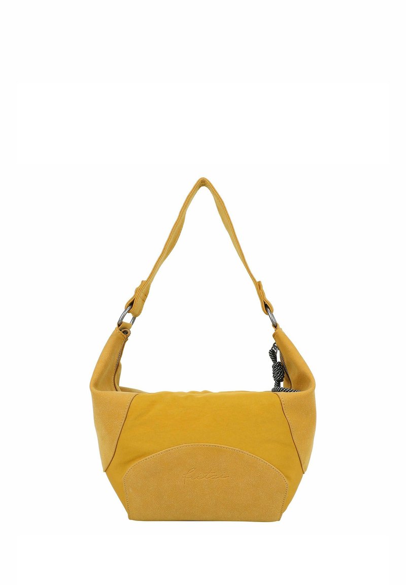 Borsa a tracolla in suede gialla con forma curva, singolo manico e dettaglio del logo su un lato. Presenta una texture liscia e un design minimalista.