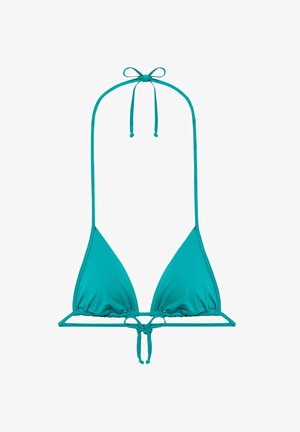 Türkisfarbener Bikini-Oberteil in dreieckiger Form mit verstellbaren Schnüren. Hergestellt aus glattem Stoff, zeichnet sich durch ein schlichtes Design und minimale Metallakzente aus.