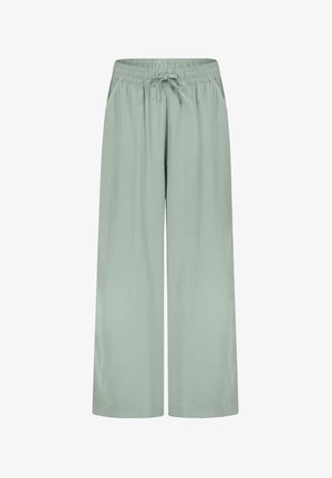 Hellegrüne weit geschnittene Hose mit elastischem Bund und Kordelzug. Hergestellt aus weichem Stoff, mit glatter Textur und minimalistischem Design.