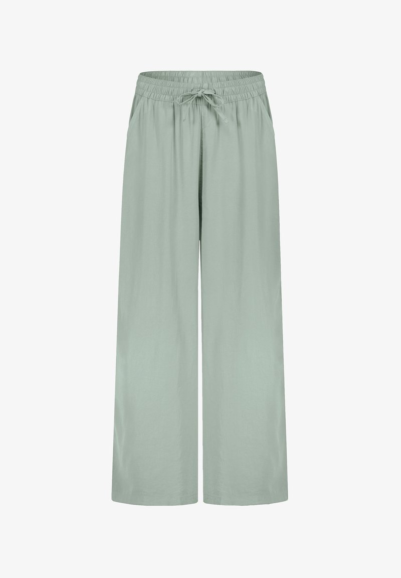 Light green wide-leg pants with an elastic waistband and drawstring. Made of soft fabric, featuring a smooth texture and minimal design.