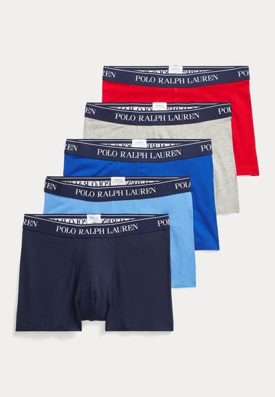 Cinco pares de bóxers Polo Ralph Lauren en rojo, gris, azul, azul claro y azul marino con cinturillas elásticas con marca.